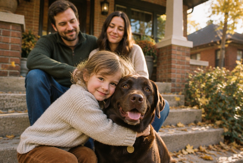 A child hugging a chocolate labrador on a Denver front porch