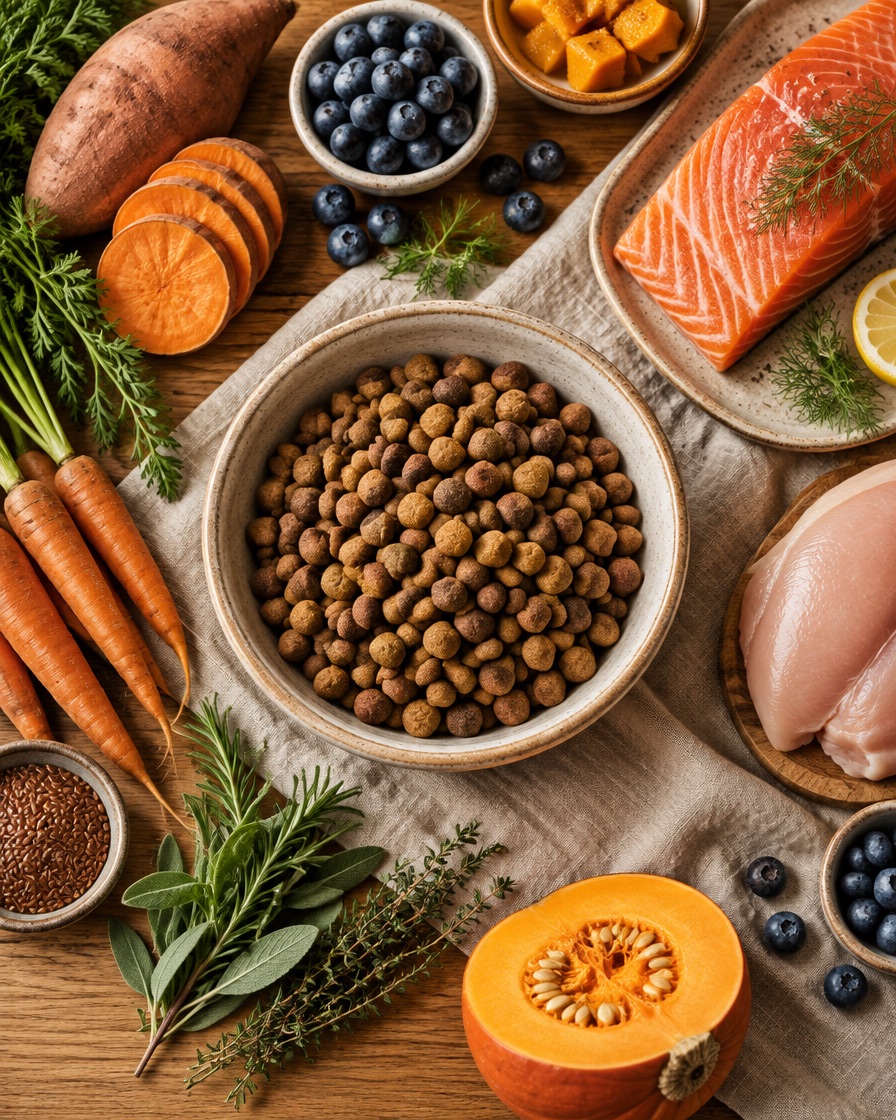 Fresh salmon, sweet potato, blueberries and pumpkin around a bowl of kibble