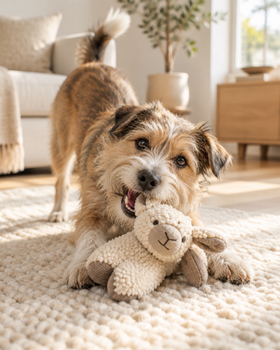 A terrier playing with a plush lamb toy